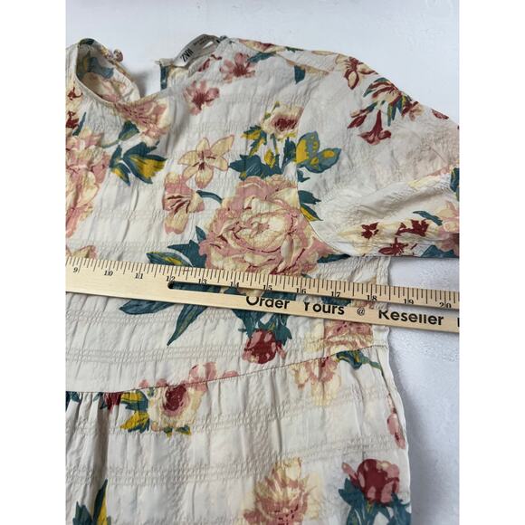 ZARA Floral Crinkle Textured Tiered Midi Dress Small Long Sleeve Cottagecore - Picture 7 of 10